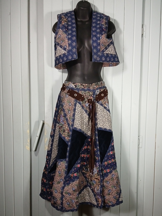 Vintage Dresses & Skirts - Vintage Festival Boho Patchwork Navy Floral Maxi Skirt Set with Belt